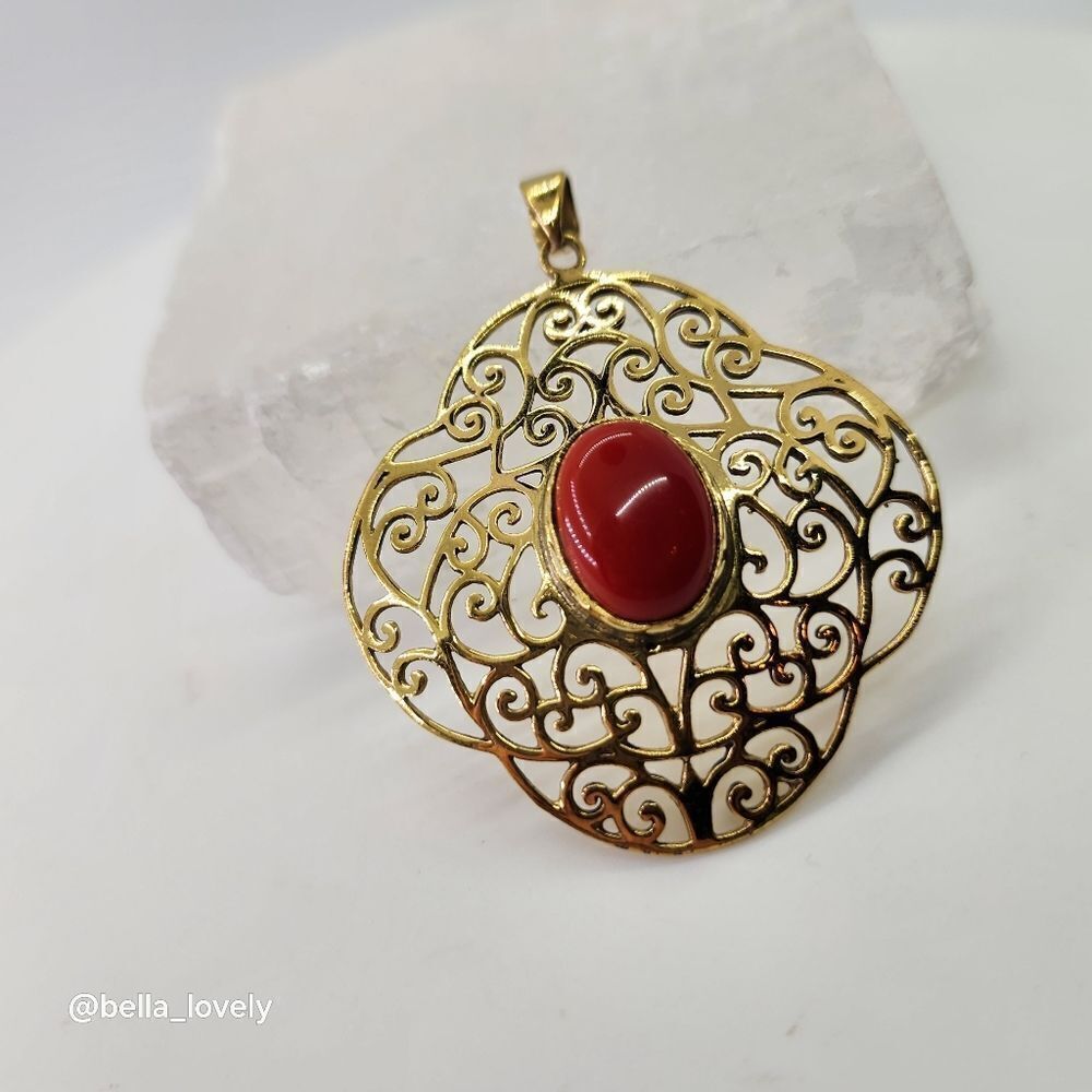 Red Coral Gold Toned Ethnic Handmade Filigree Pendant Jewelry 2.27"